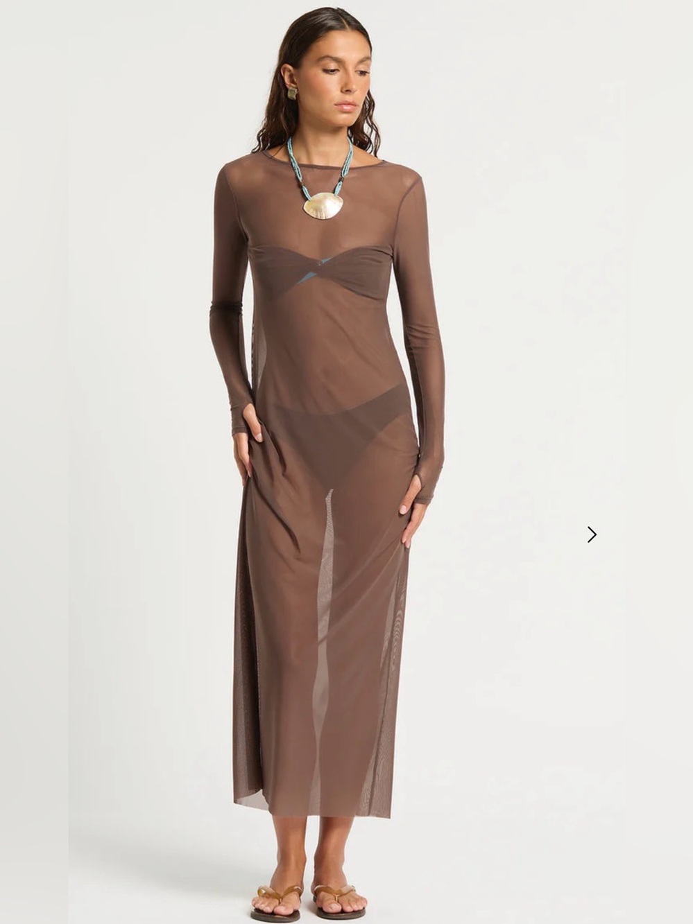 Bond-eye Gisele midi Sheer Long Sleeve Brown Mesh Maxi Dress beach coverup NEW